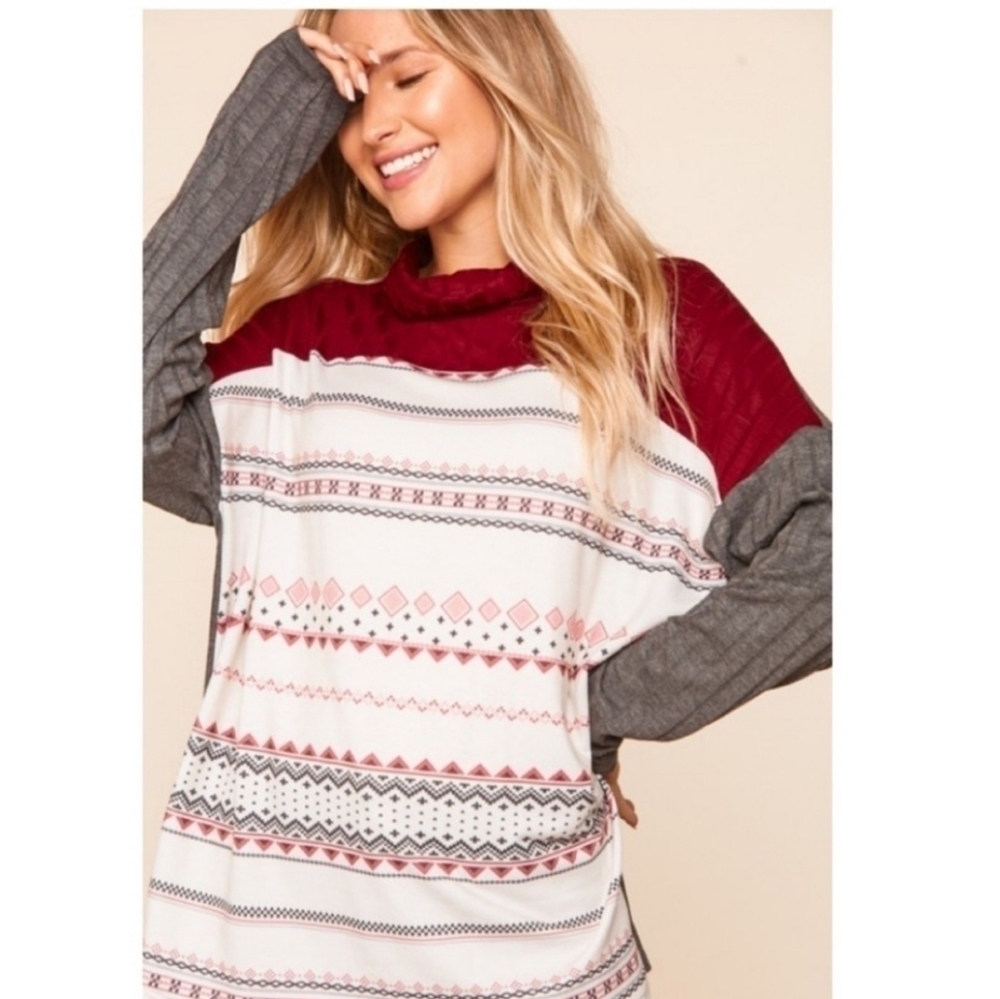 Ribbed Crimson Cowl Neck Turtleneck with French Terry Ethnic/Tribal Print - Picture 8 of 12